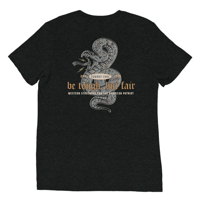 Cowboy Code No. 5 Be Tough, But Fair tee in Charcoal-Black, back view, Cowboy Revolution Western graphic t-shirt