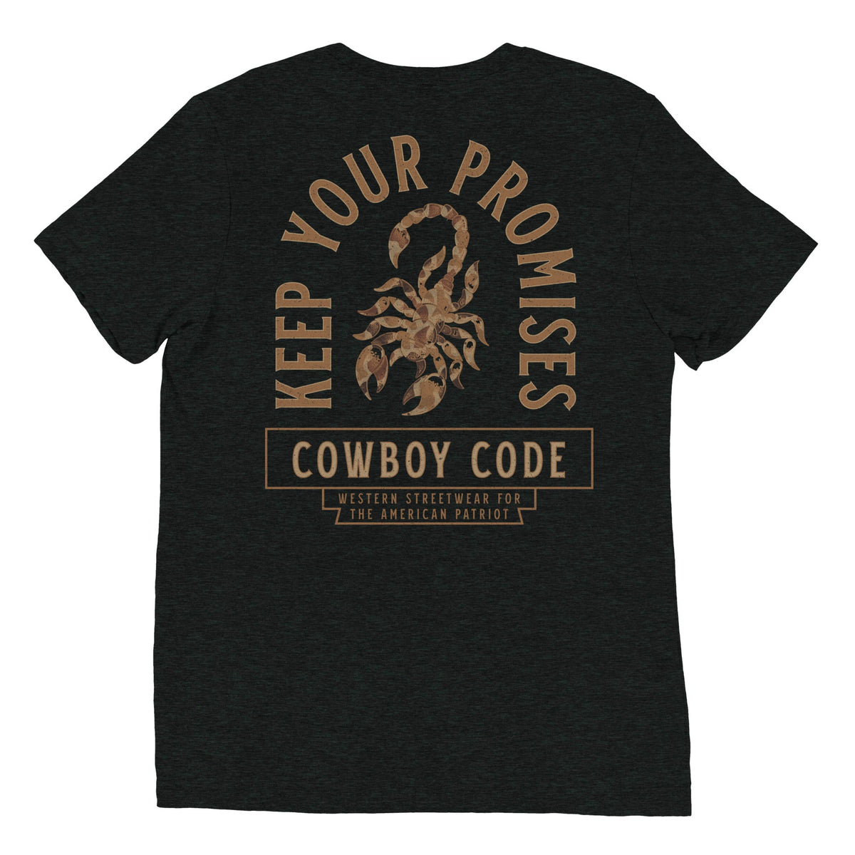 Cowboy Code No. 6 Keep Your Promises tee in Charcoal-Black, back view, Cowboy Revolution Western graphic t-shirt