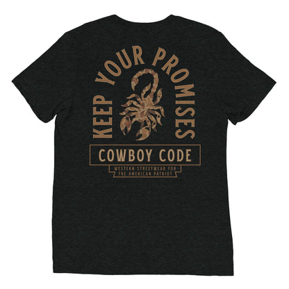 Cowboy Code No. 6 Keep Your Promises tee in Charcoal-Black, back view, Cowboy Revolution Western graphic t-shirt