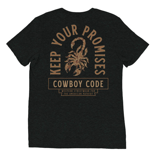 Cowboy Code No. 6 Keep Your Promises tee in Charcoal-Black, back view, Cowboy Revolution Western graphic t-shirt