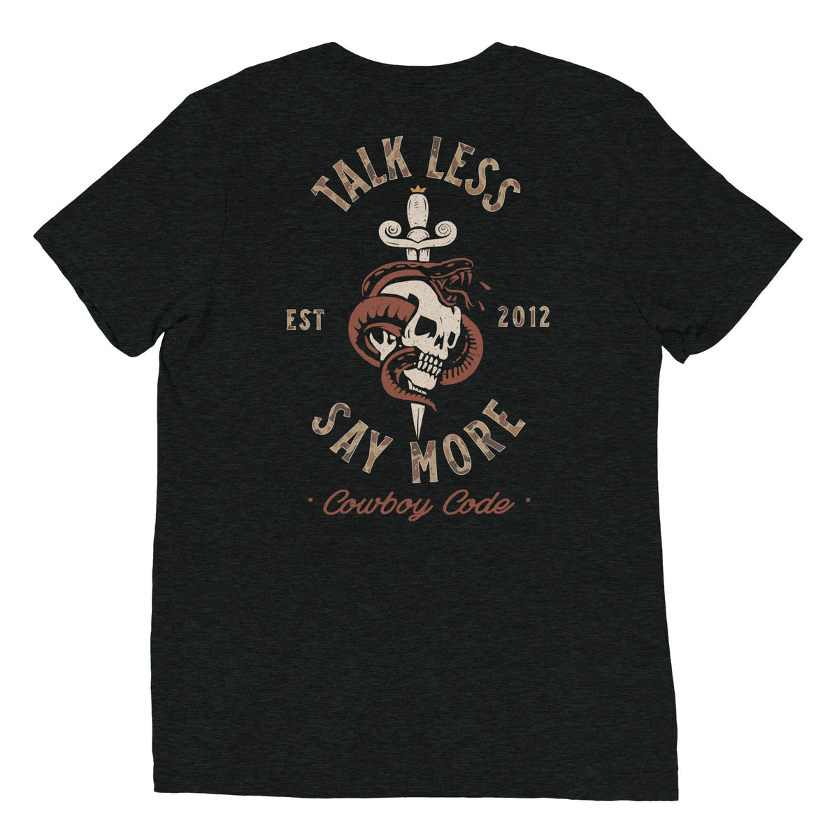 Cowboy Code No. 8 Talk Less, Say More tee in Charcoal-Black, back view, Cowboy Revolution Western graphic t-shirt