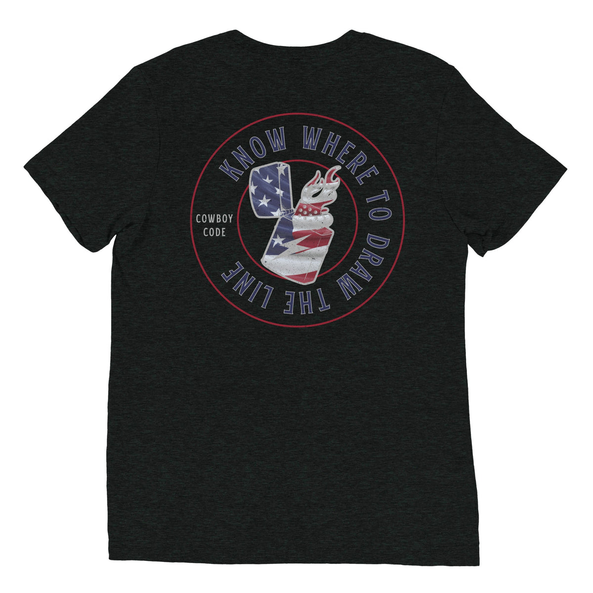Cowboy Code No. 10 Know Where to Draw the Line tee in Charcoal-Black, back view, Cowboy Revolution Western graphic t-shirt