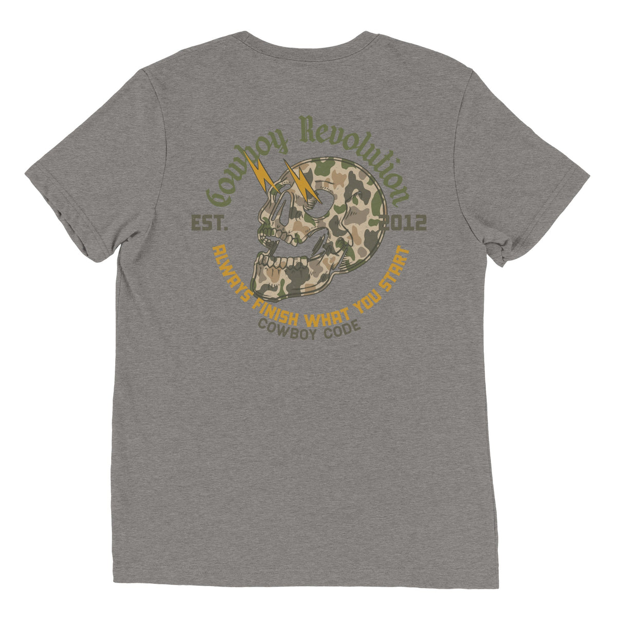Cowboy Code No. 3 Always Finish What You Start tee in Grey, back view, Cowboy Revolution Western graphic t-shirt