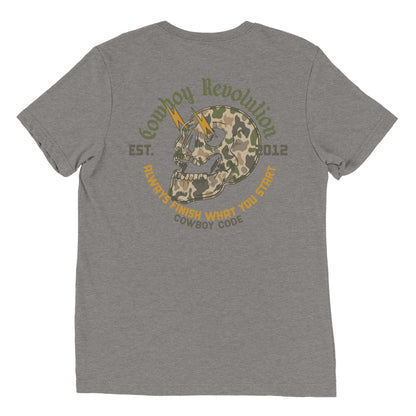 Cowboy Code No. 3 Always Finish What You Start tee in Grey, back view, Cowboy Revolution Western graphic t-shirt