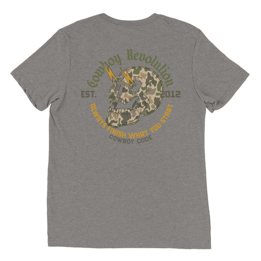 Cowboy Code No. 3 Always Finish What You Start tee in Grey, back view, Cowboy Revolution Western graphic t-shirt