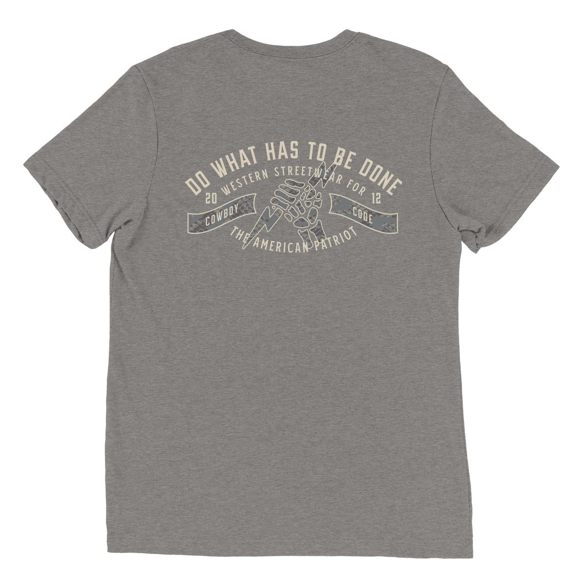 Cowboy Code No. 4 Do What Has to Be Done tee in Grey, back view, Cowboy Revolution Western graphic t-shirt