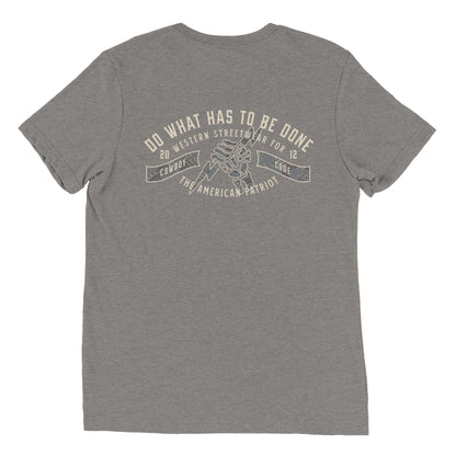Cowboy Code No. 4 Do What Has to Be Done tee in Grey, back view, Cowboy Revolution Western graphic t-shirt