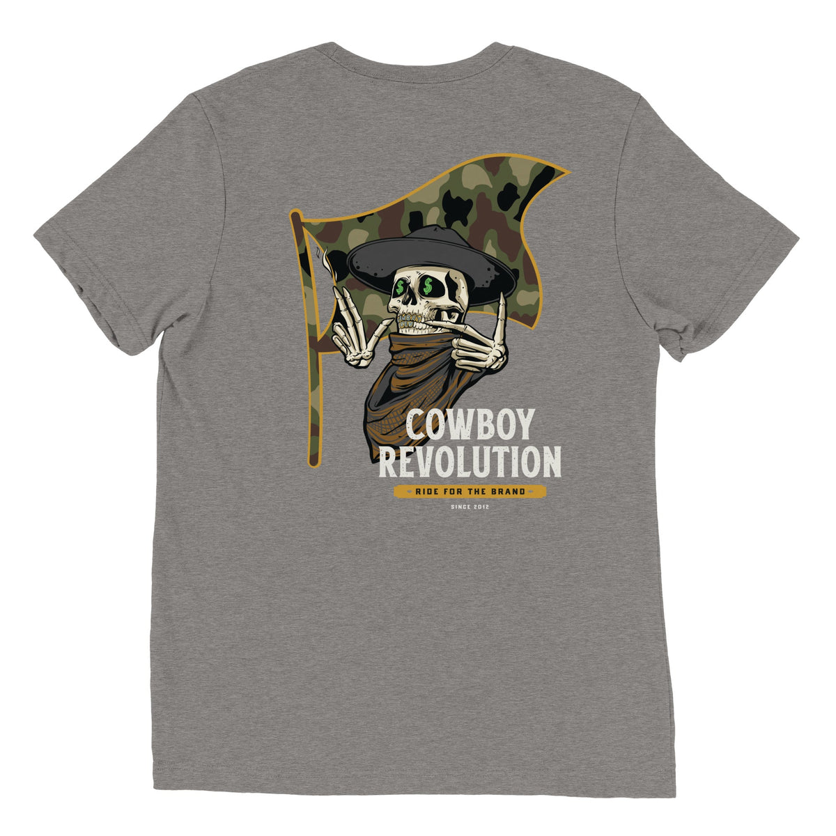 Cowboy Code No. 7 Ride for the Brand tee in Grey, back view, Cowboy Revolution Western graphic t-shirt