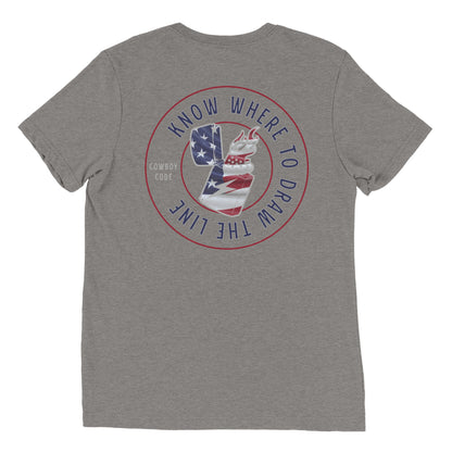 Cowboy Code No. 10 Know Where to Draw the Line tee in Grey, back view, Cowboy Revolution Western graphic t-shirt