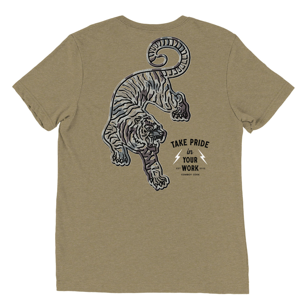 Cowboy Code No. 2 Take Pride in Your Work tee in Olive, back view, Cowboy Revolution Western graphic t-shirt