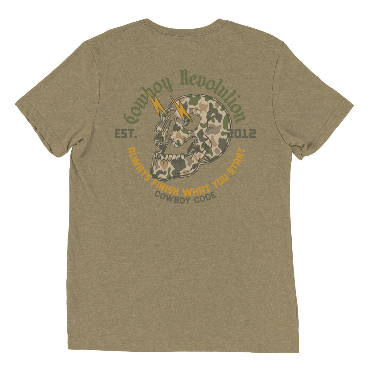 Cowboy Code No. 3 Always Finish What You Start tee in Olive, back view, Cowboy Revolution Western graphic t-shirt