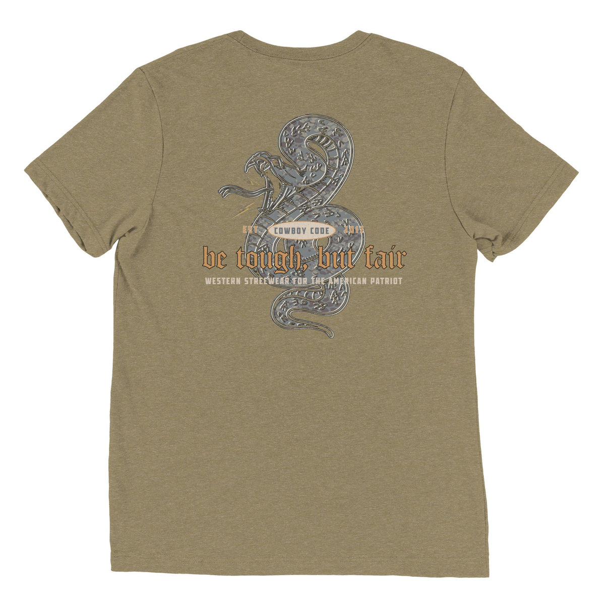Cowboy Code No. 5 Be Tough, But Fair tee in Olive, back view, Cowboy Revolution Western graphic t-shirt