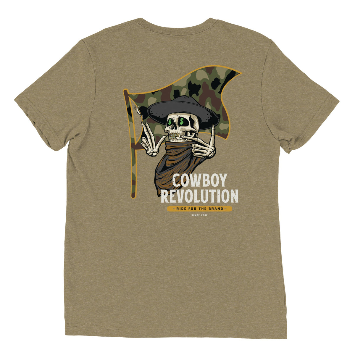 Cowboy Code No. 7 Ride for the Brand tee in Olive, back view, Cowboy Revolution Western graphic t-shirt