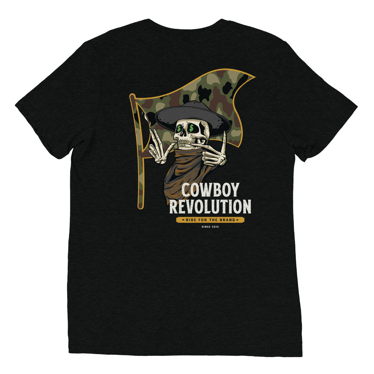 Cowboy Code No. 7 Ride for the Brand tee in Solid Black, back view, Cowboy Revolution Western graphic t-shirt