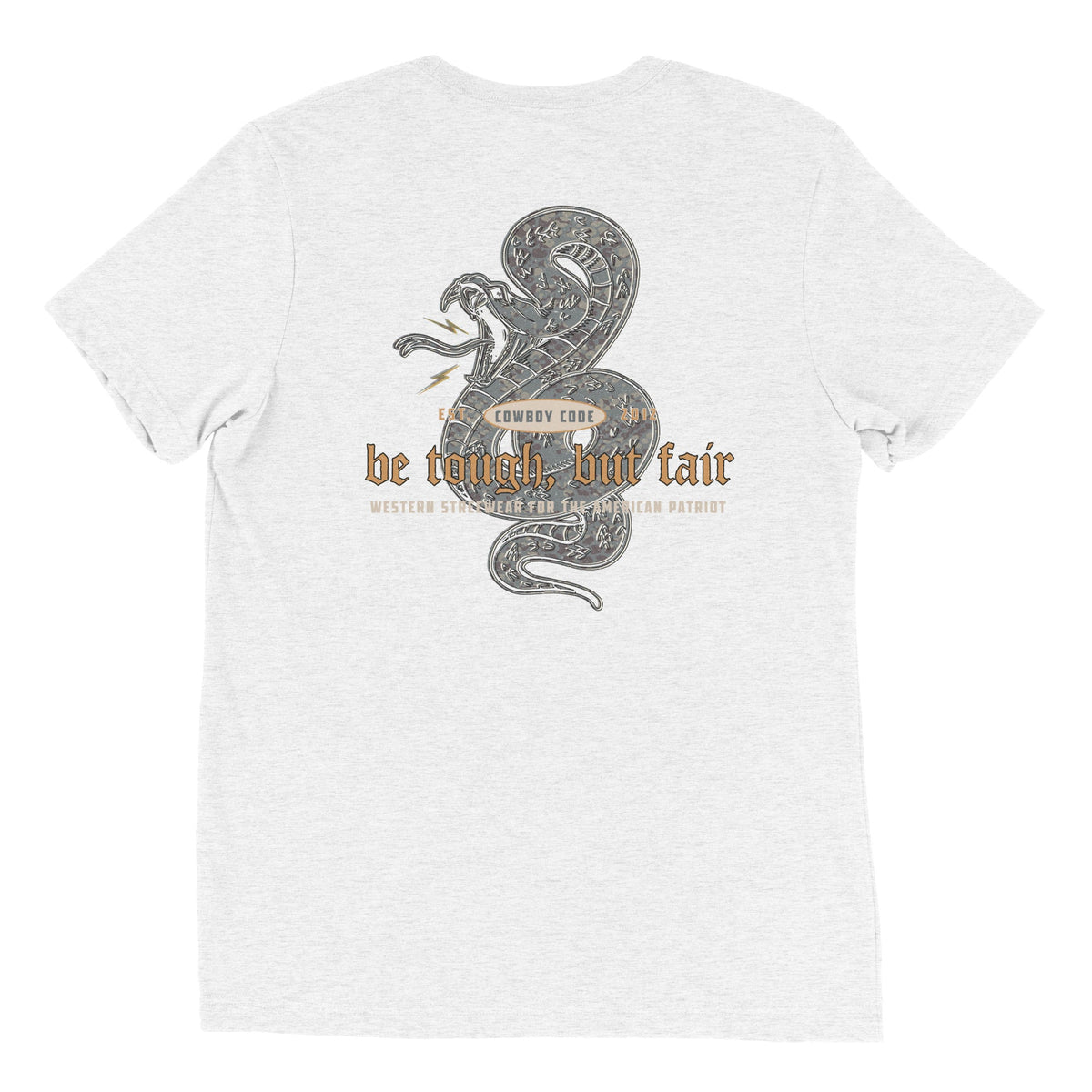Cowboy Code No. 5 Be Tough, But Fair tee in Solid White, back view, Cowboy Revolution Western graphic t-shirt