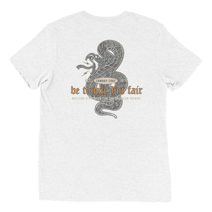 Cowboy Code No. 5 Be Tough, But Fair tee in Solid White, back view, Cowboy Revolution Western graphic t-shirt