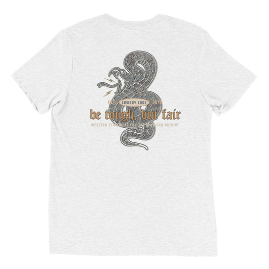 Cowboy Code No. 5 Be Tough, But Fair tee in Solid White, back view, Cowboy Revolution Western graphic t-shirt