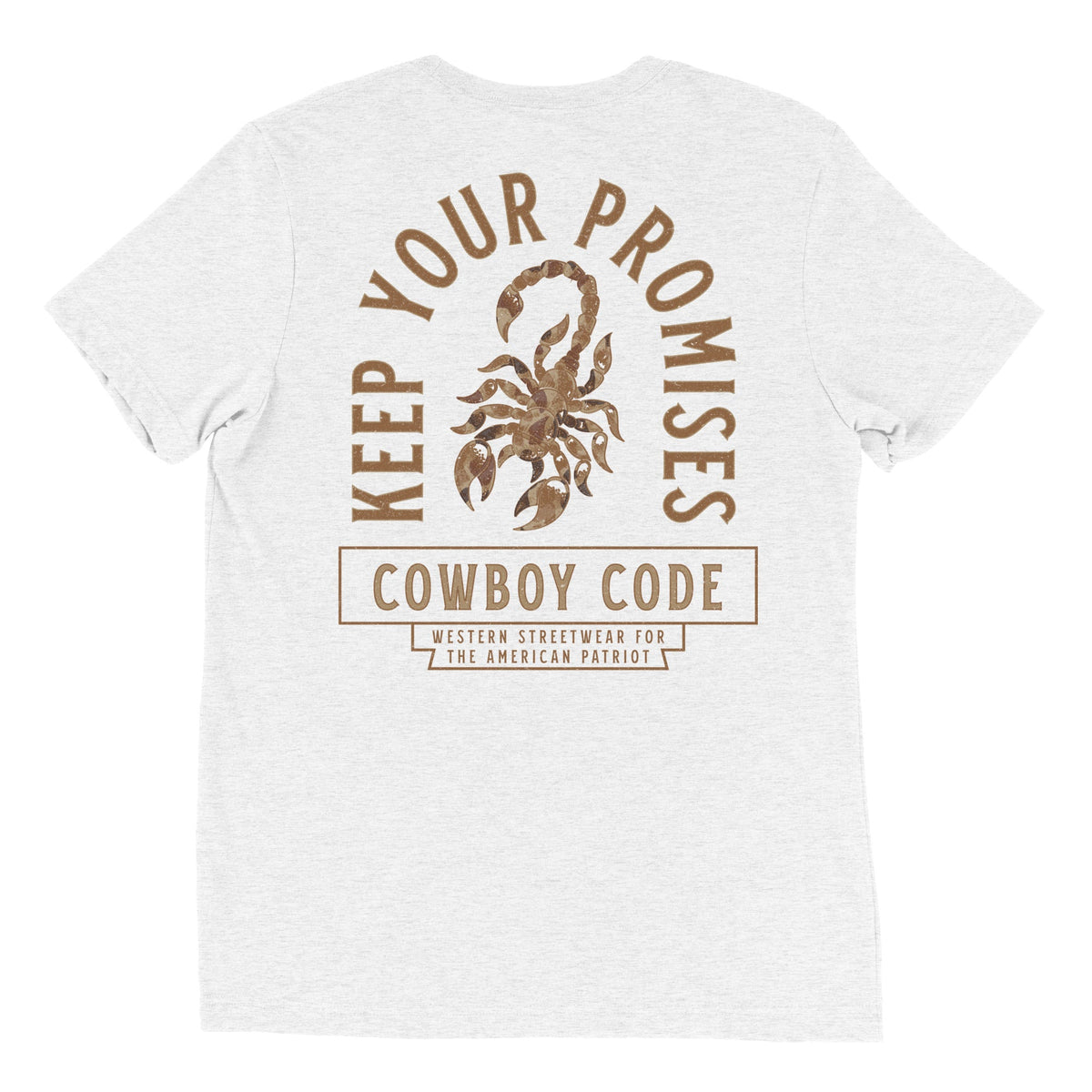 Cowboy Code No. 6 Keep Your Promises tee in Solid White, back view, Cowboy Revolution Western graphic t-shirt