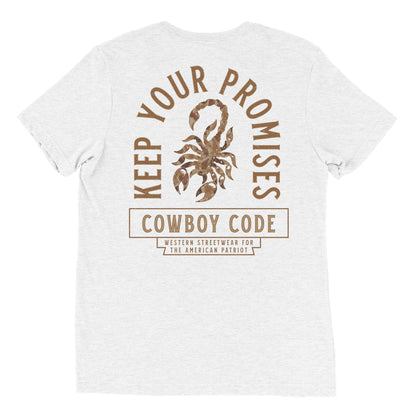 Cowboy Code No. 6 Keep Your Promises tee in Solid White, back view, Cowboy Revolution Western graphic t-shirt