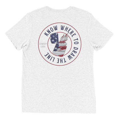 Cowboy Code No. 10 Know Where to Draw the Line tee in Solid White, back view, Cowboy Revolution Western graphic t-shirt