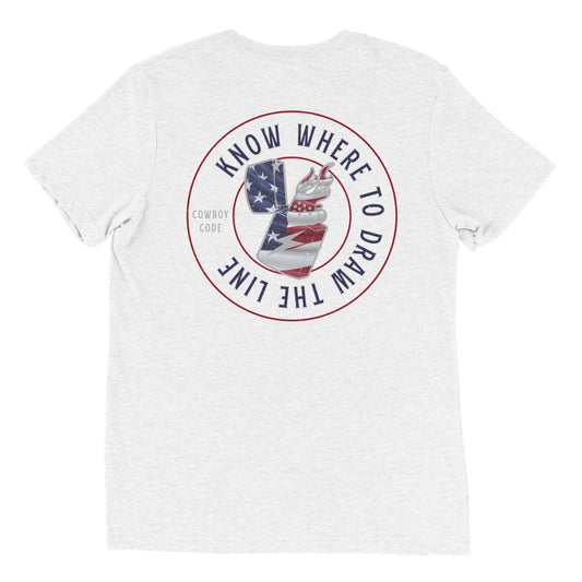 Cowboy Code No. 10 Know Where to Draw the Line tee in Solid White, back view, Cowboy Revolution Western graphic t-shirt