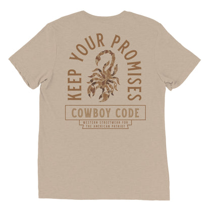 Cowboy Code No. 6 Keep Your Promises tee in Tan, back view, Cowboy Revolution Western graphic t-shirt