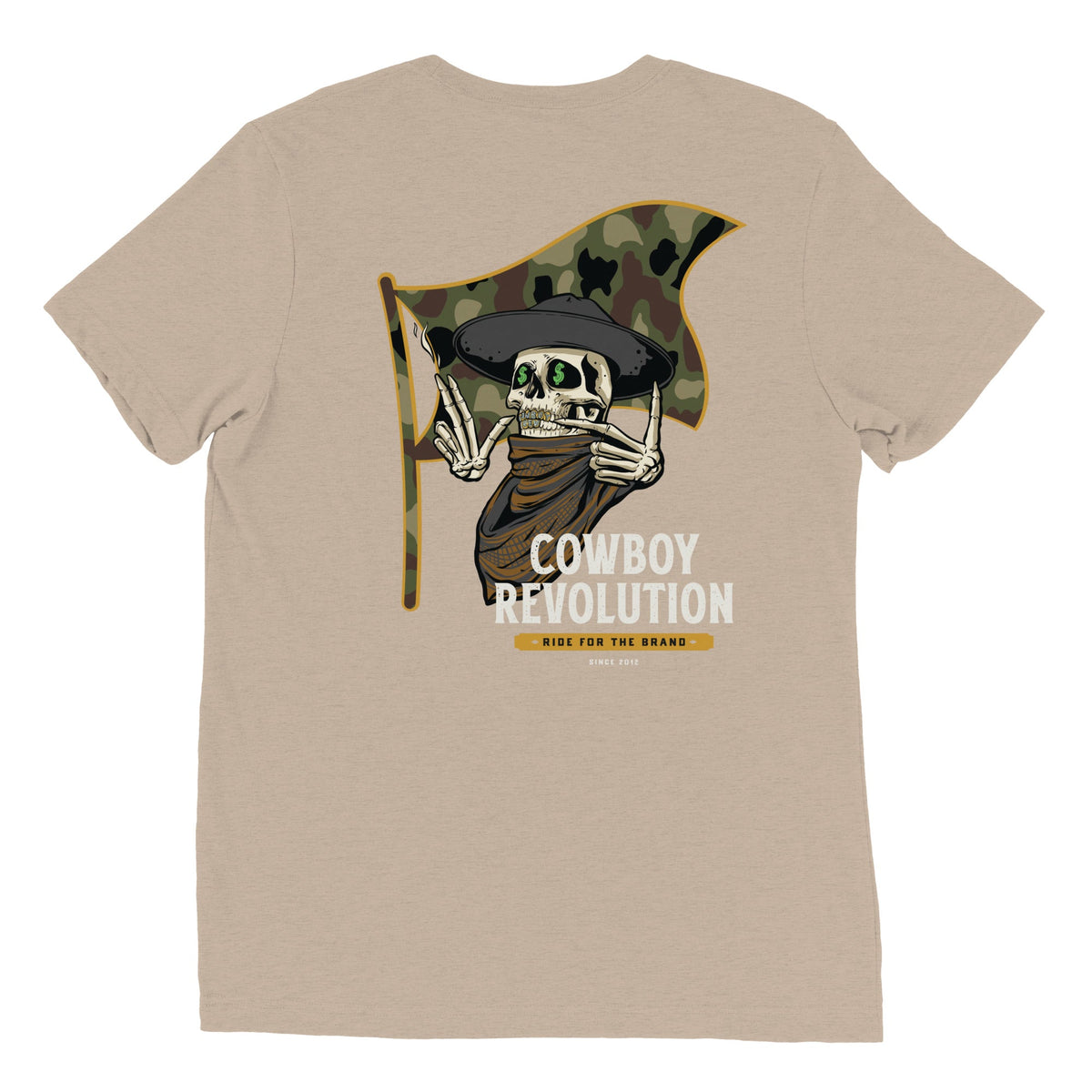 Cowboy Code No. 7 Ride for the Brand tee in Tan, back view, Cowboy Revolution Western graphic t-shirt