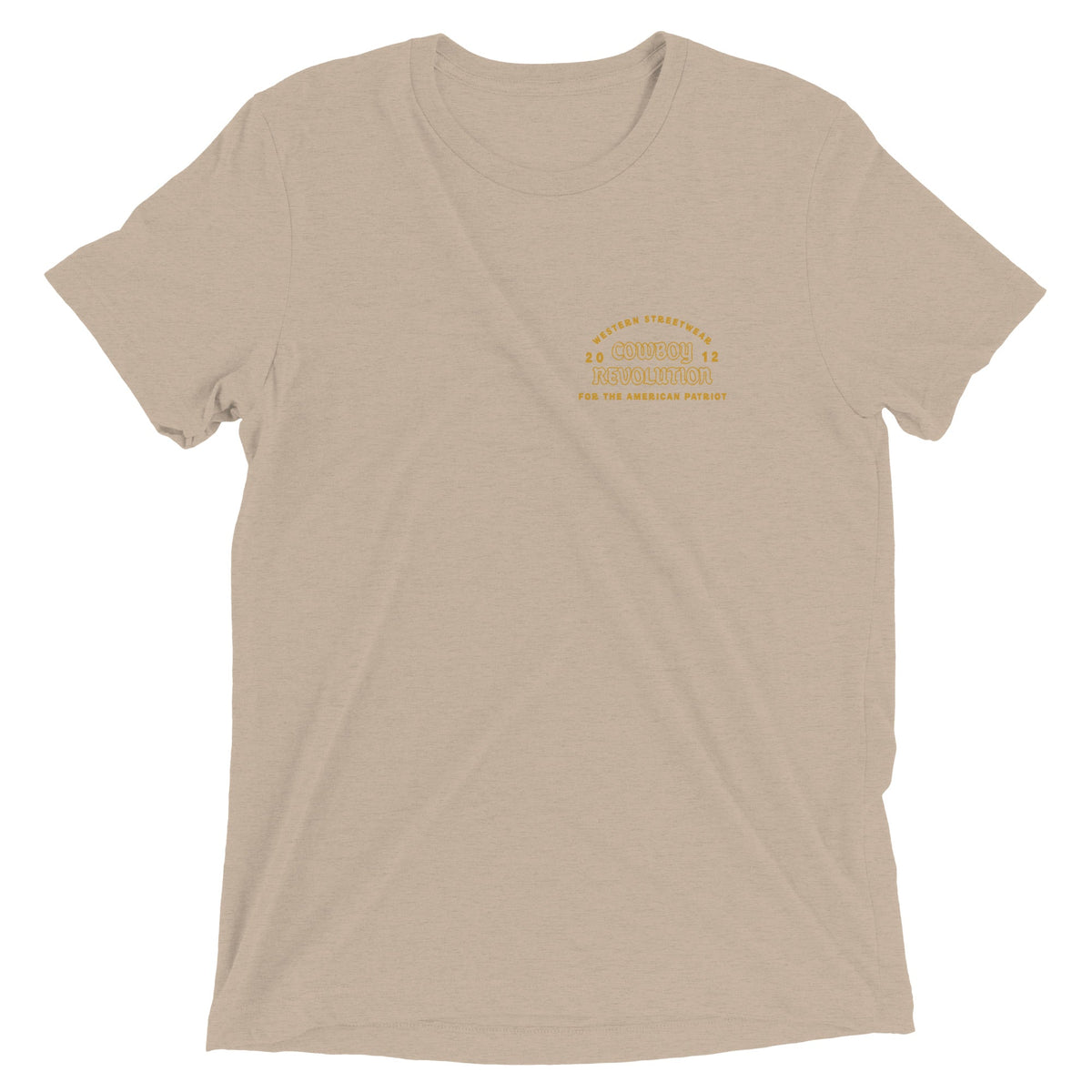 Cowboy Code No. 7 Ride for the Brand tee in Tan, front view, Cowboy Revolution Western graphic t-shirt