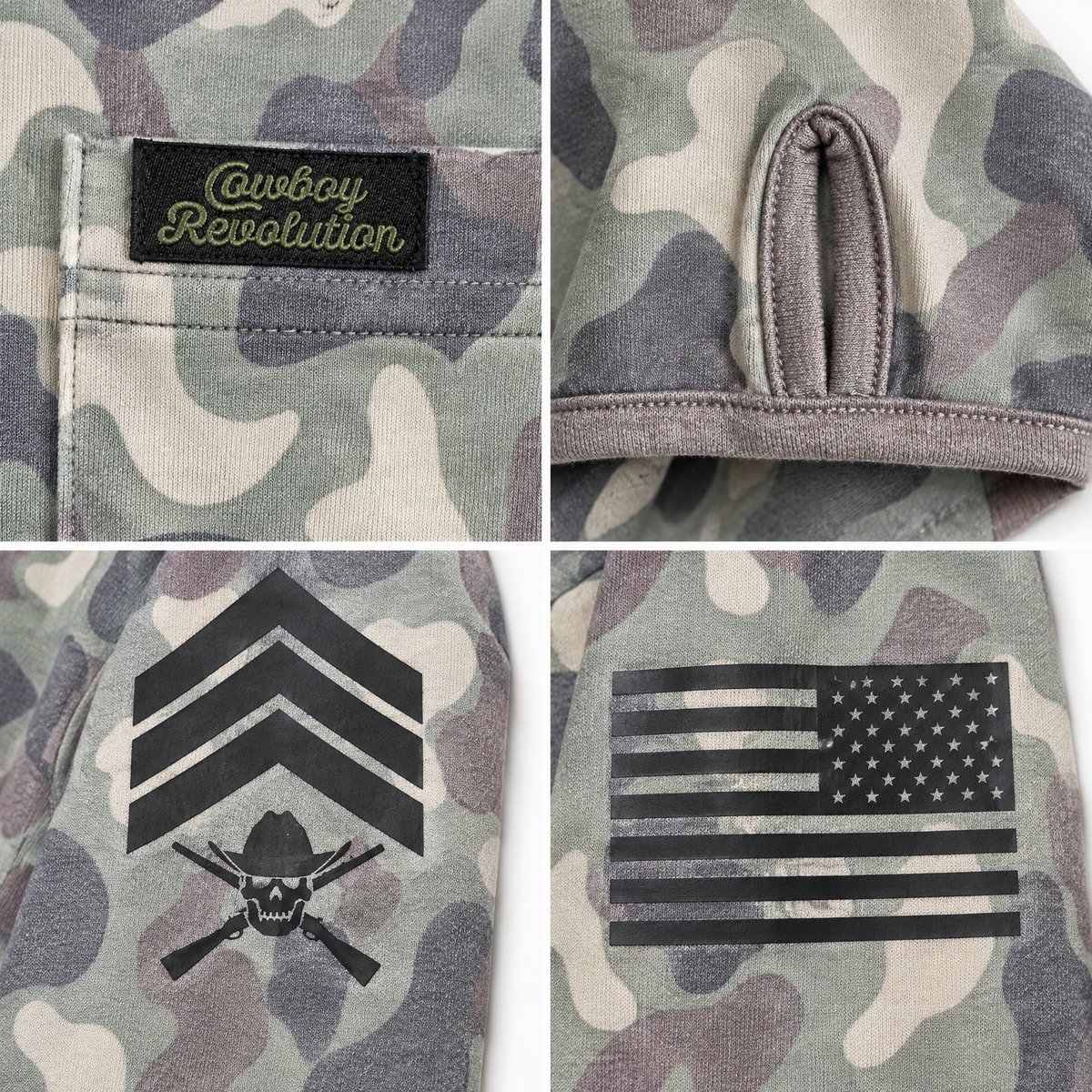 Cowboy Revolution Woodland Camo Hooded Sunshirt, detail close-up