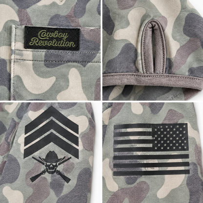 Cowboy Revolution Woodland Camo Hooded Sunshirt, detail close-up