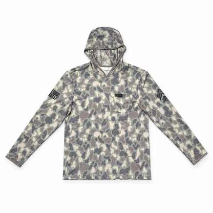 Cowboy Revolution Woodland Camo Hooded Sunshirt, lay flat front view